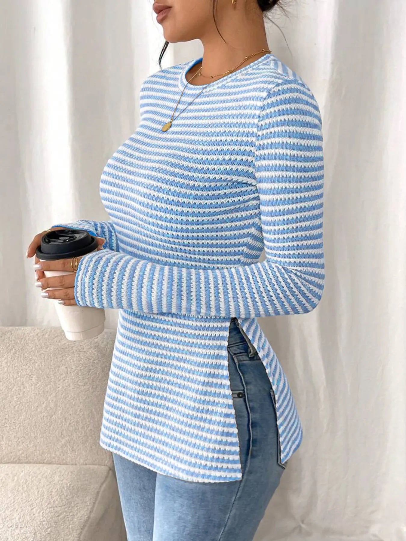 Trendy Side Slit Striped Long Sleeve T-Shirt in Stretchy Viscose Spandex Blend