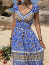 Printed V-Neck Cap Sleeve Midi Dress Blue