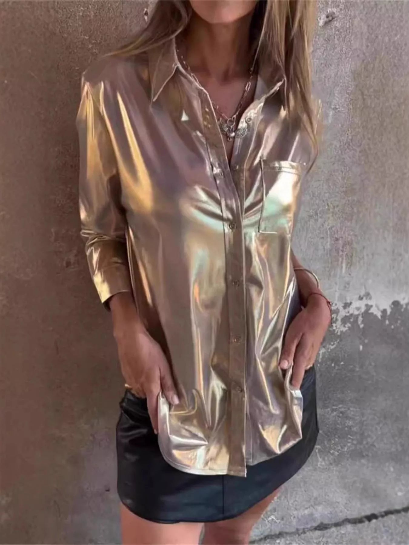 Plus Size Full Button-Down Long Sleeve Shirt with Pocket - Polyester & Spandex Blend