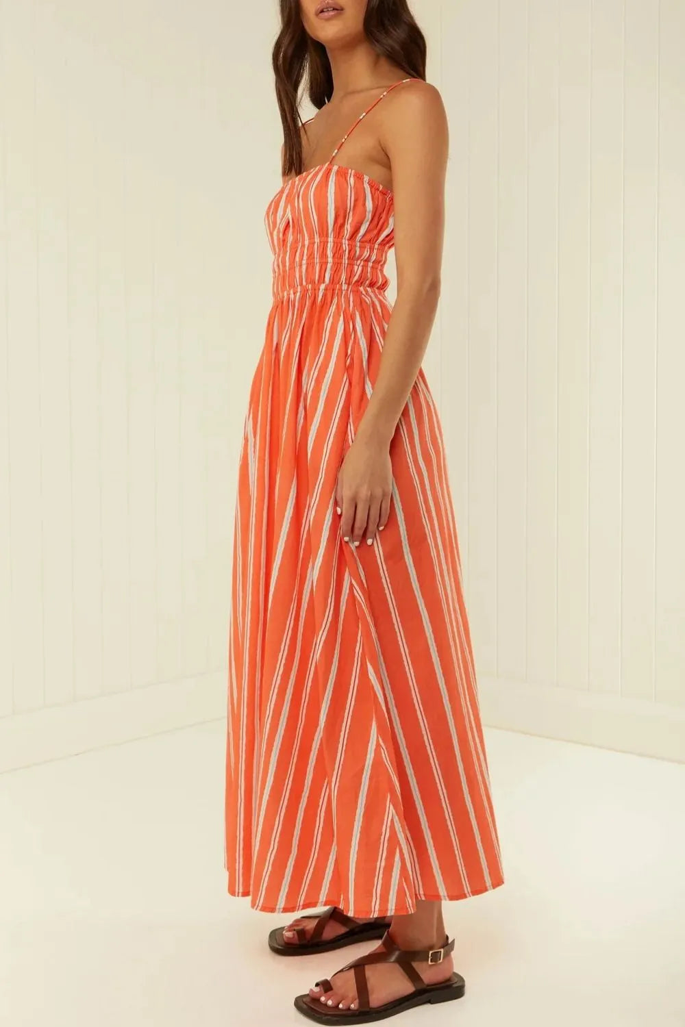 Stylish Striped Square Neck Cami Dress with Pockets and Ruched Details - 100% Polyester