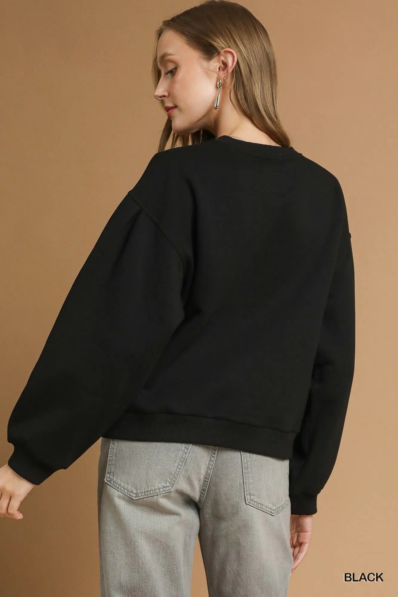 Umgee Stylish Round Neck Sweatshirt with Pleated Detail - Chic and Versatile Casual Wear