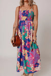 Floral Print Shirred Spaghetti Strap Loose Maxi Dress Purple