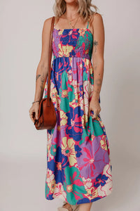 Floral Print Shirred Spaghetti Strap Loose Maxi Dress Purple