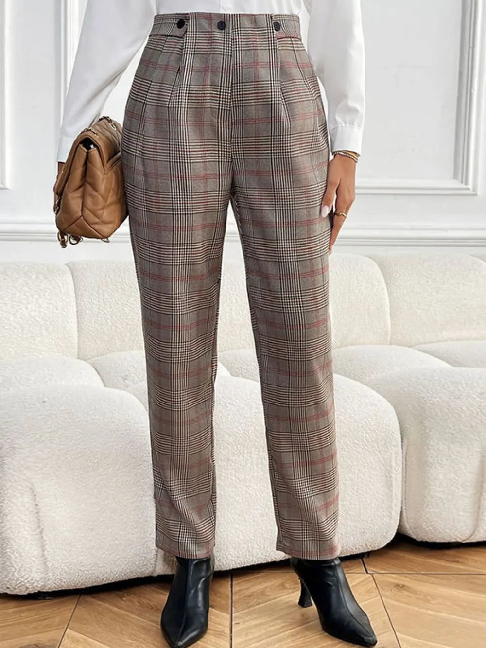 Perfee Women’s Plaid Straight Pants with Buttoned Pockets - 100% Polyester, Opaque Fabric