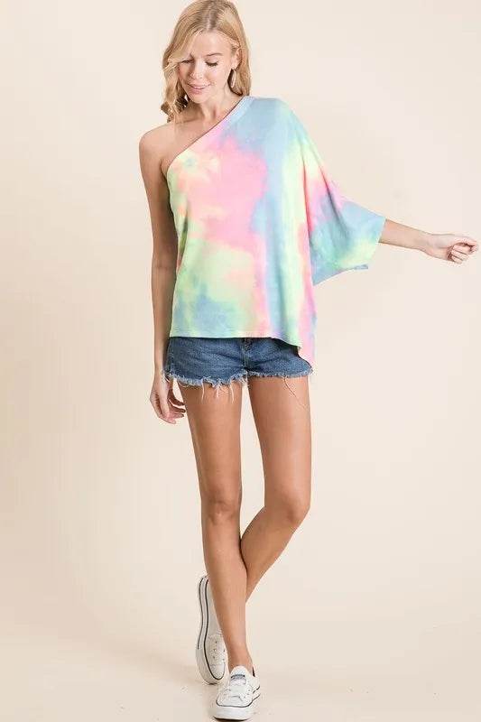 BiBi Tie Dye French Terry One Shoulder Top with Dolman - Store 42