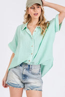 SAGE+FIG Boho Contrast Zigzag Trim Gauze Button-Up Shirt Mint