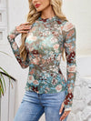 Floral Mock Neck Long Sleeve Top for Women - Slightly Stretchy, Comfortable Polyester Blend - Store 42