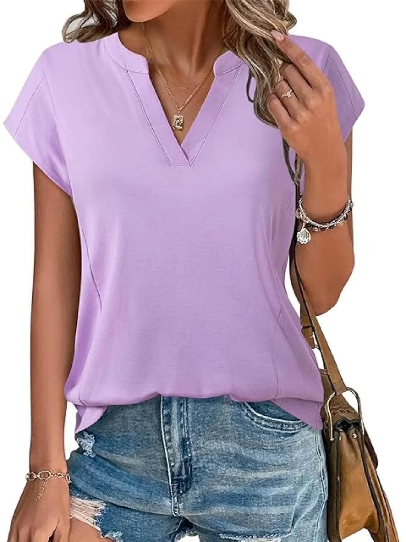 Stylish Casual Notched Short Sleeve Summer Blouse - Soft Stretchy Fabric, Perfect for Warm Days