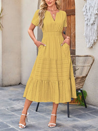 Tiered Notched Short Sleeve Dress Chartreuse