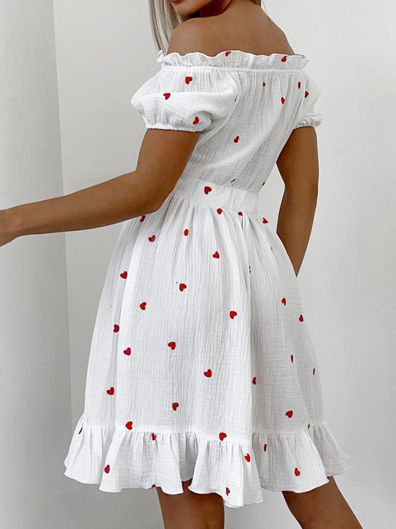 Off-Shoulder Heart Printed Mini Dress with Ruffle Details - 100% Cotton, Lined, Buttoned Features