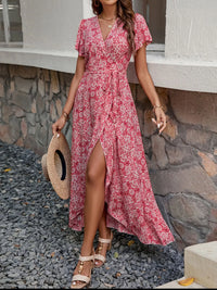 Printed Surplice Maxi Dress with Flutter Sleeves