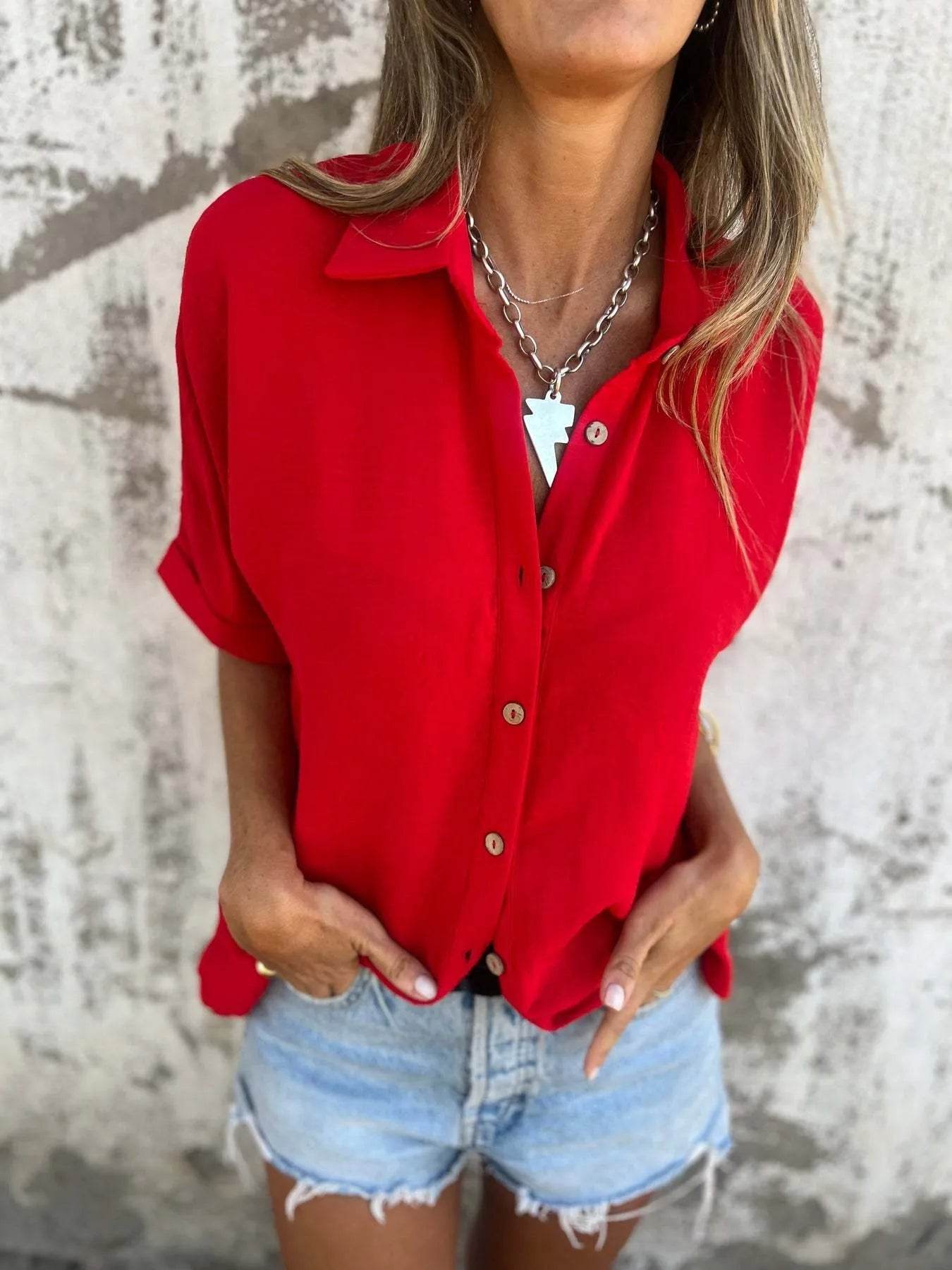 Full Size Casual Button Down Short Sleeve Loose Shirt Plus Size - Store 42