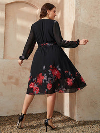 Honey Plus Size Floral Surplice Neck Tie Waist Dress - Store 42