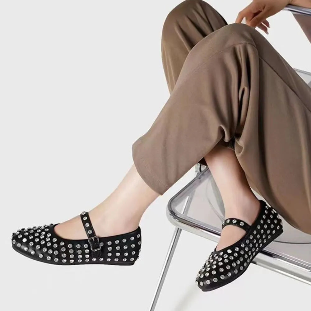 Stylish PU Leather Studded Flat Loafers for Women - Comfortable Everyday Shoes