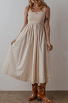 Scoop Neck Ribbed Bodice Sleeveless Midi Tank Dress Beige