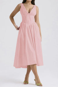 Ruched V-Neck Sleeveless Dress with Pockets Blush Pink