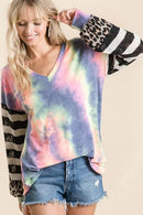 BiBi Tie Dye V Neck Top With Stripe Puff Sleeves - Trendy Colorful Casual Wear - Store 42