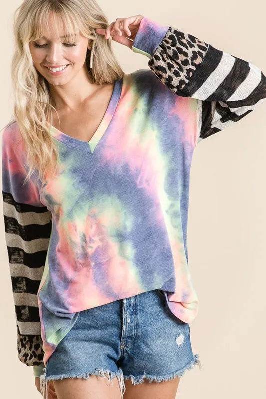 BiBi Tie Dye V Neck Top With Stripe Puff Sleeves - Trendy Colorful Casual Wear - Store 42