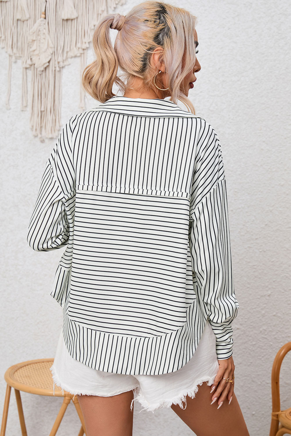Women’s Full Size Striped Collared Top - Slightly Stretchy, Comfortable Polyester Blend