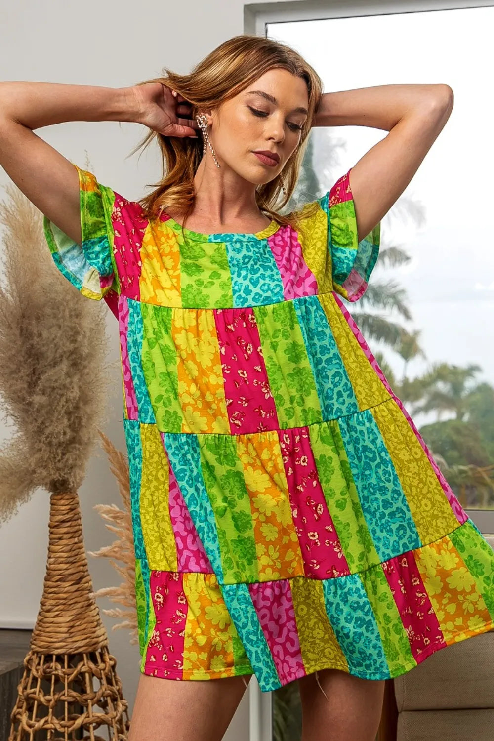 Fierce BiBi Leopard Print Short Sleeve Tiered Dress - Flowy & Flattering Silhouette