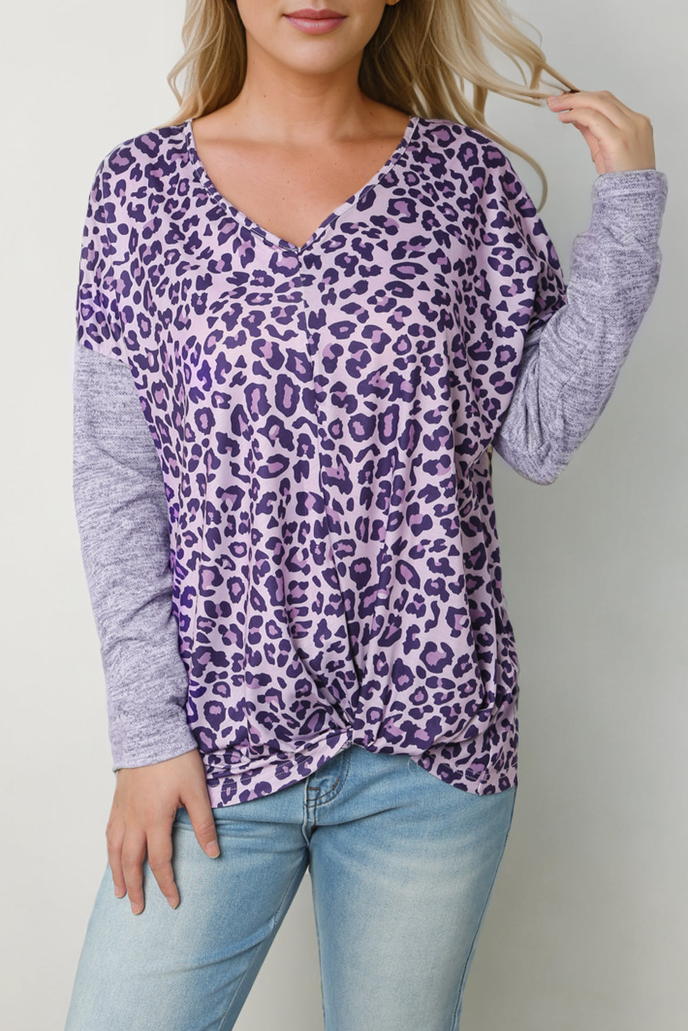 Sleek Leopard Print V-Neck Long Sleeve T-Shirt - Opaque Fabric, Slightly Stretchy, Trendy Style