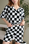 Checkerboard V Neck Loose Tee and Shorts Set Black
