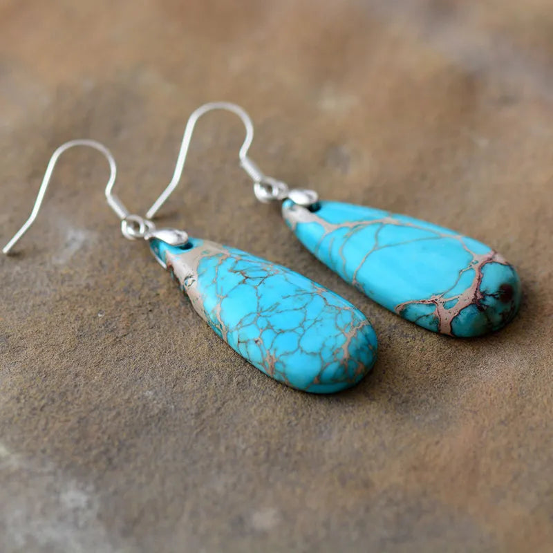 Natural Stone Copper Teardrop Earrings - Unique Design, Care Instructions Included
