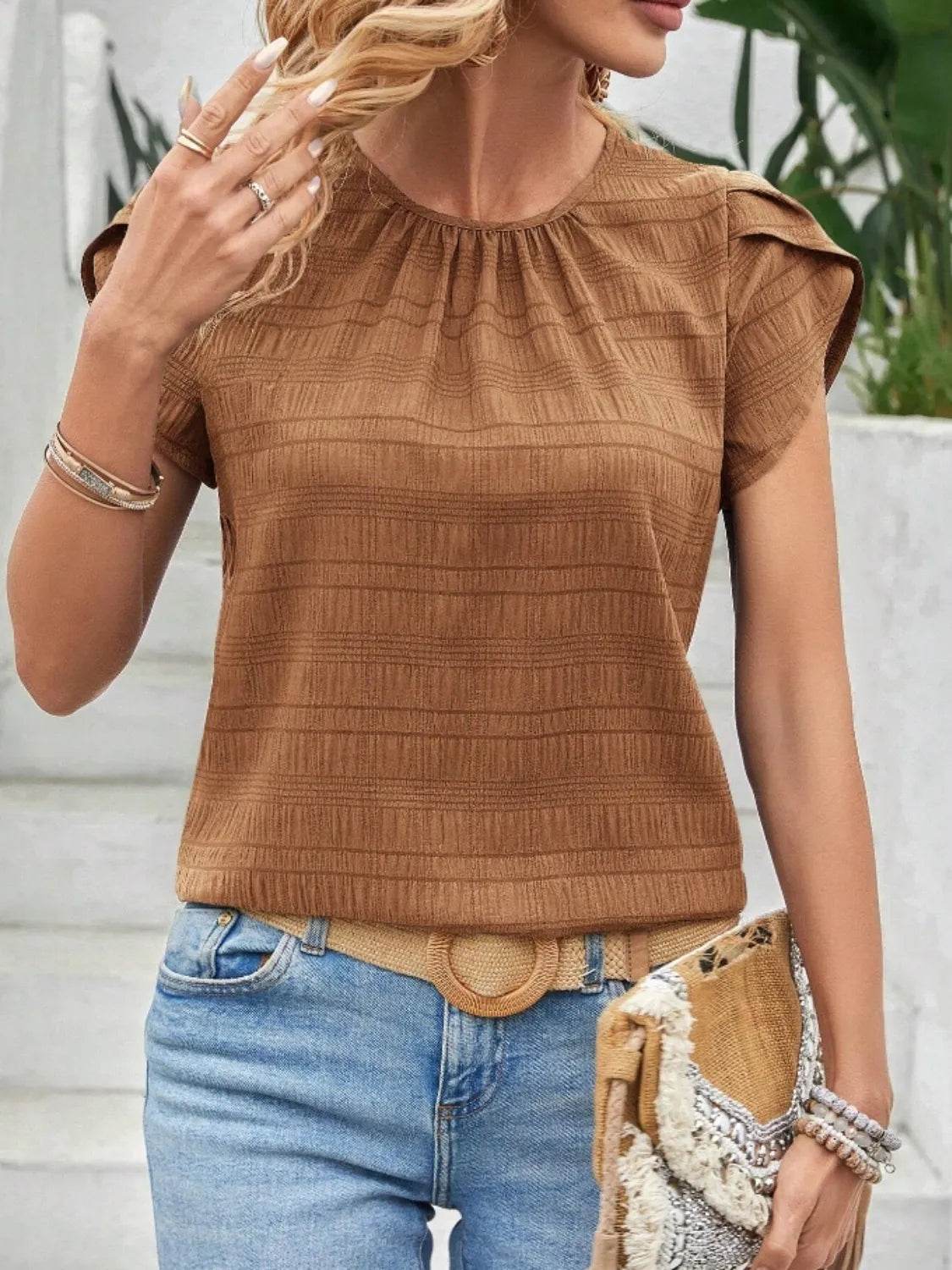 Slightly Stretchy Round Neck Ruched Petal Sleeve Top - 95% Polyester, 5% Spandex - Store 42