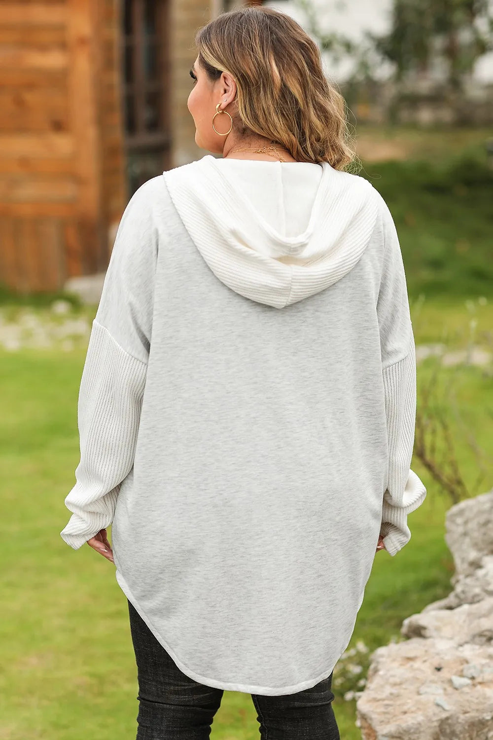 Plus Size Long Sleeve Hoodie with Button-Up Front and Drawstring, Opaque Fabric, Trendy Style