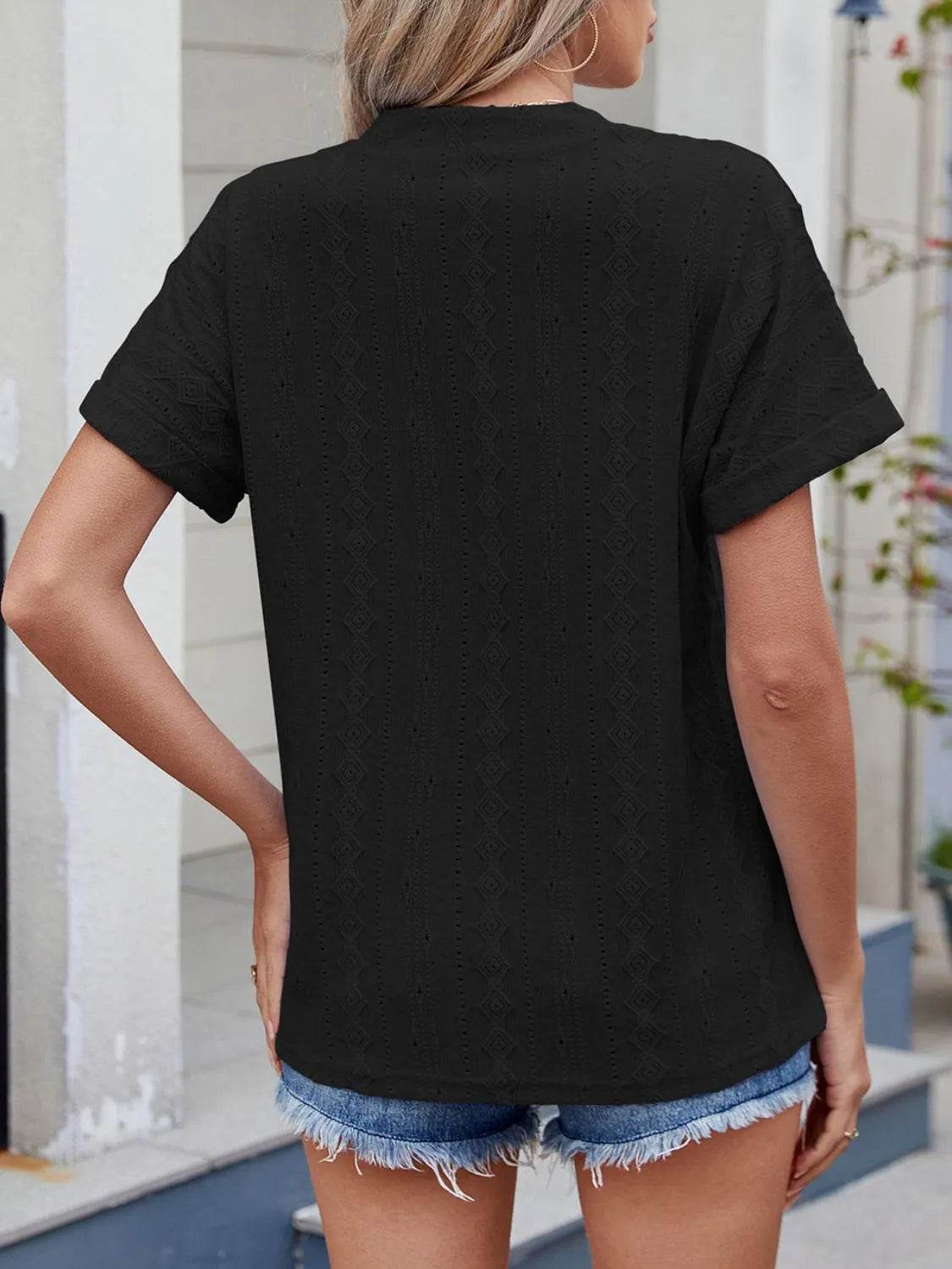 Trendy Eyelet Notched Short Sleeve Top in 65% Rayon - Stylish & Versatile Women's Wear - Store 42