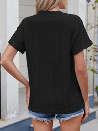 Trendy Eyelet Notched Short Sleeve Top in 65% Rayon - Stylish & Versatile Women's Wear - Store 42