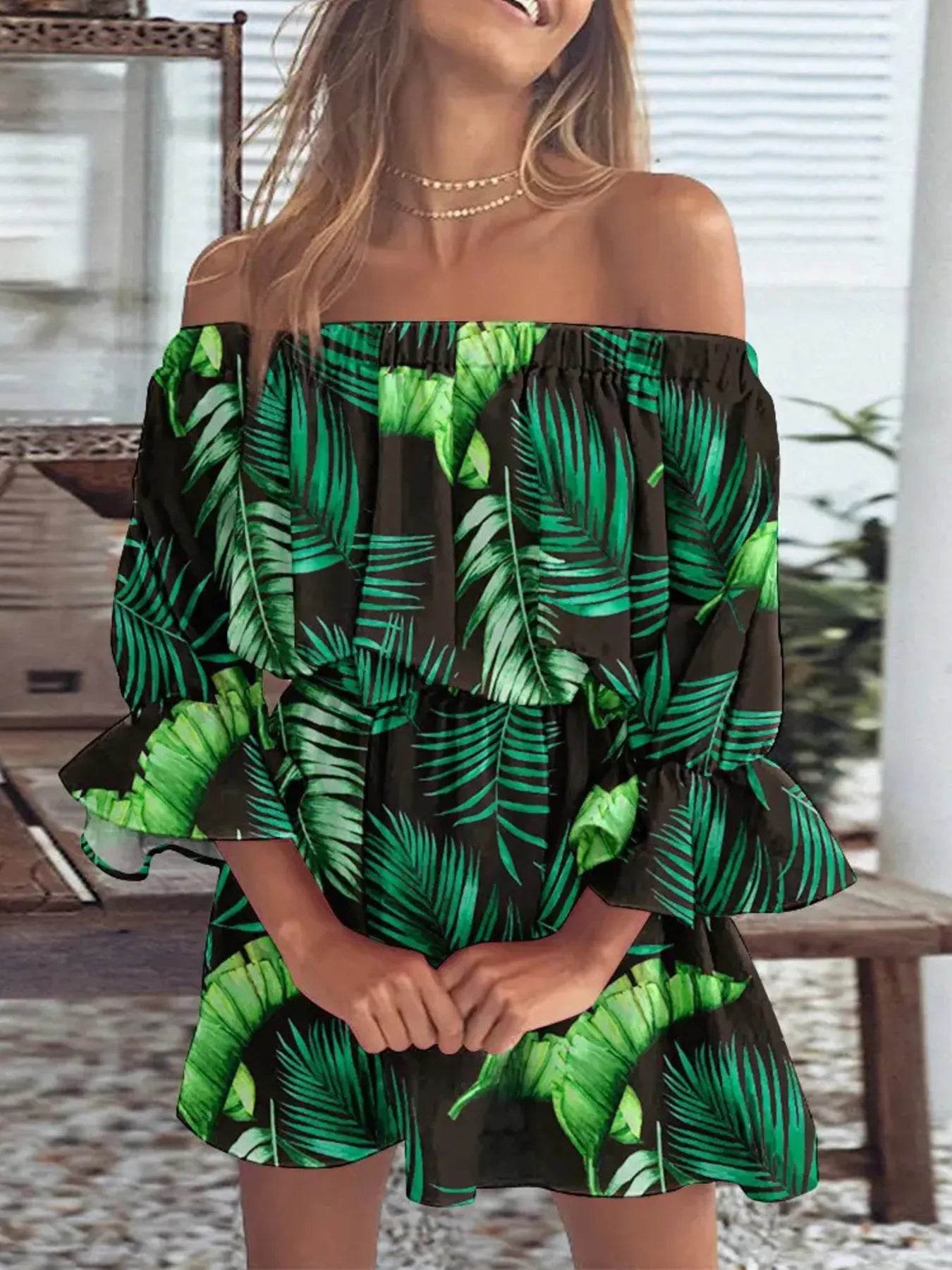 Full Size Floral Off-Shoulder Flounce Sleeve Mini Dress Plus Size - Store 42
