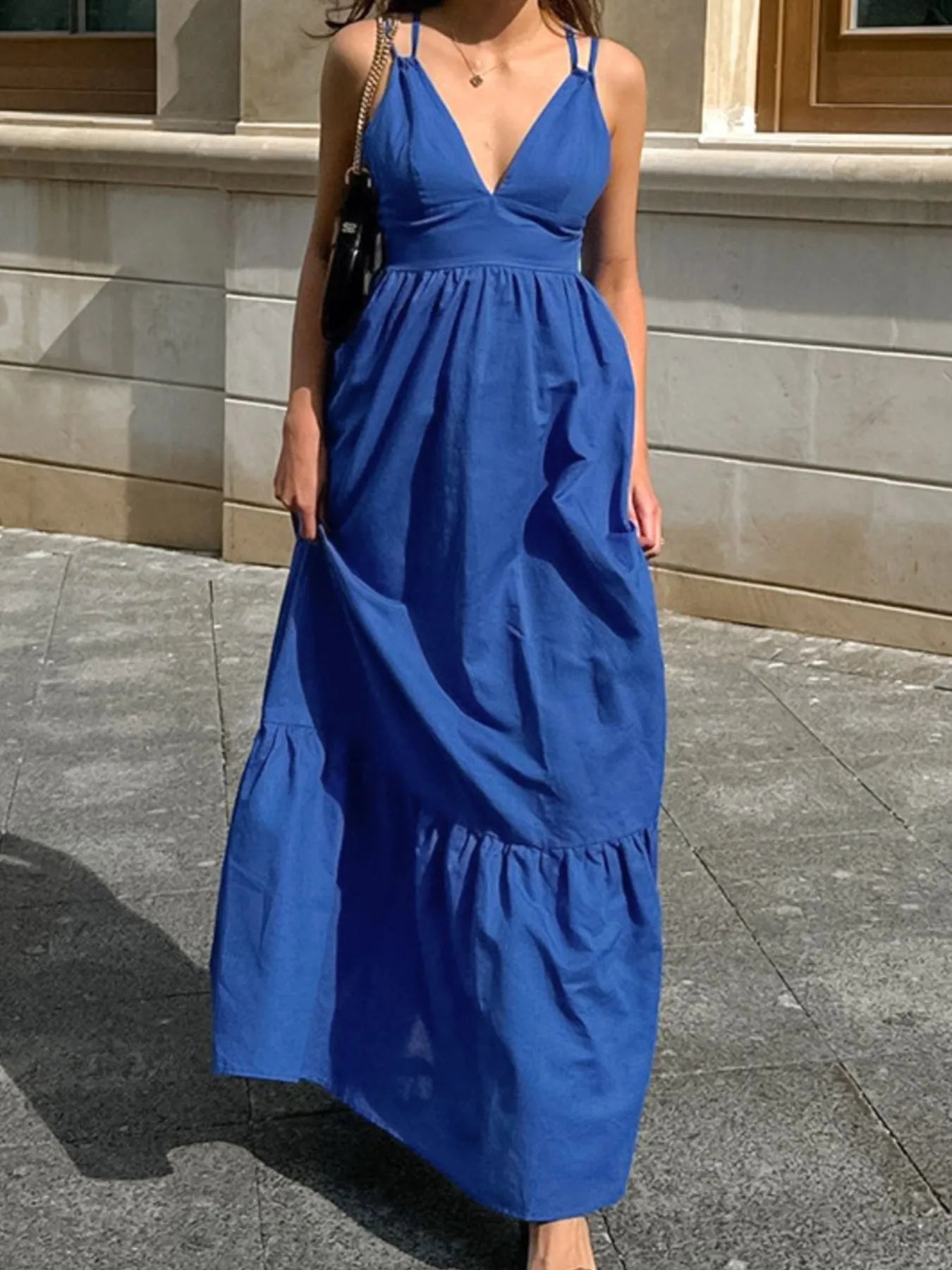 Trendsi V-Neck Tiered Maxi Cami Dress - 100% Cotton, Crisscross Tie, Not Lined, Machine Washable
