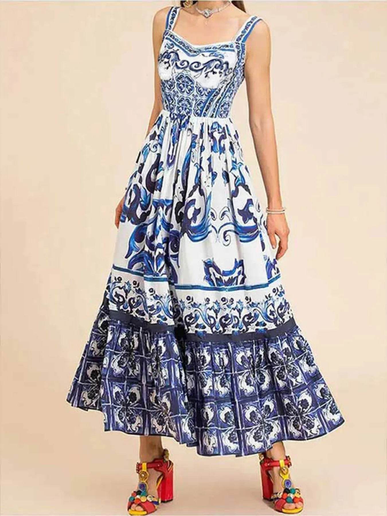 Full Size Printed Sweetheart Neck Maxi Cami Dress Plus Size - Store 42