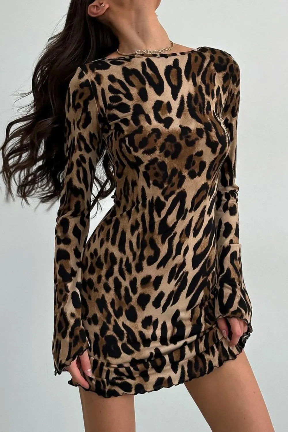 Backless Leopard Print Long Sleeve Mini Dress with Tied Design - Trendy & Slightly Stretchy