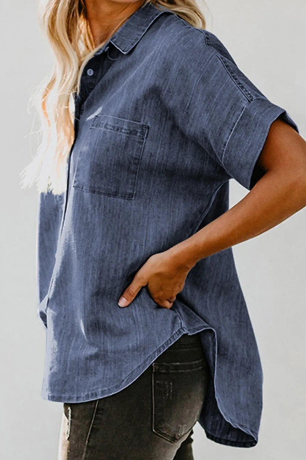 Men's Pocketed Short Sleeve Denim Shirt - 100% Cotton, Machine Washable, Casual Style