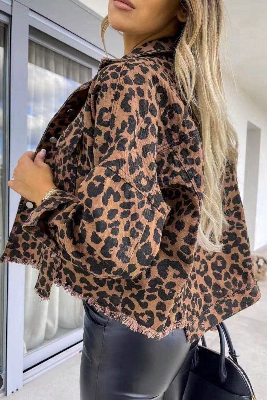 Leopard Print Denim Jacket with Raw Hem and Fringe Details - Stylish Cotton Blend Outerwear