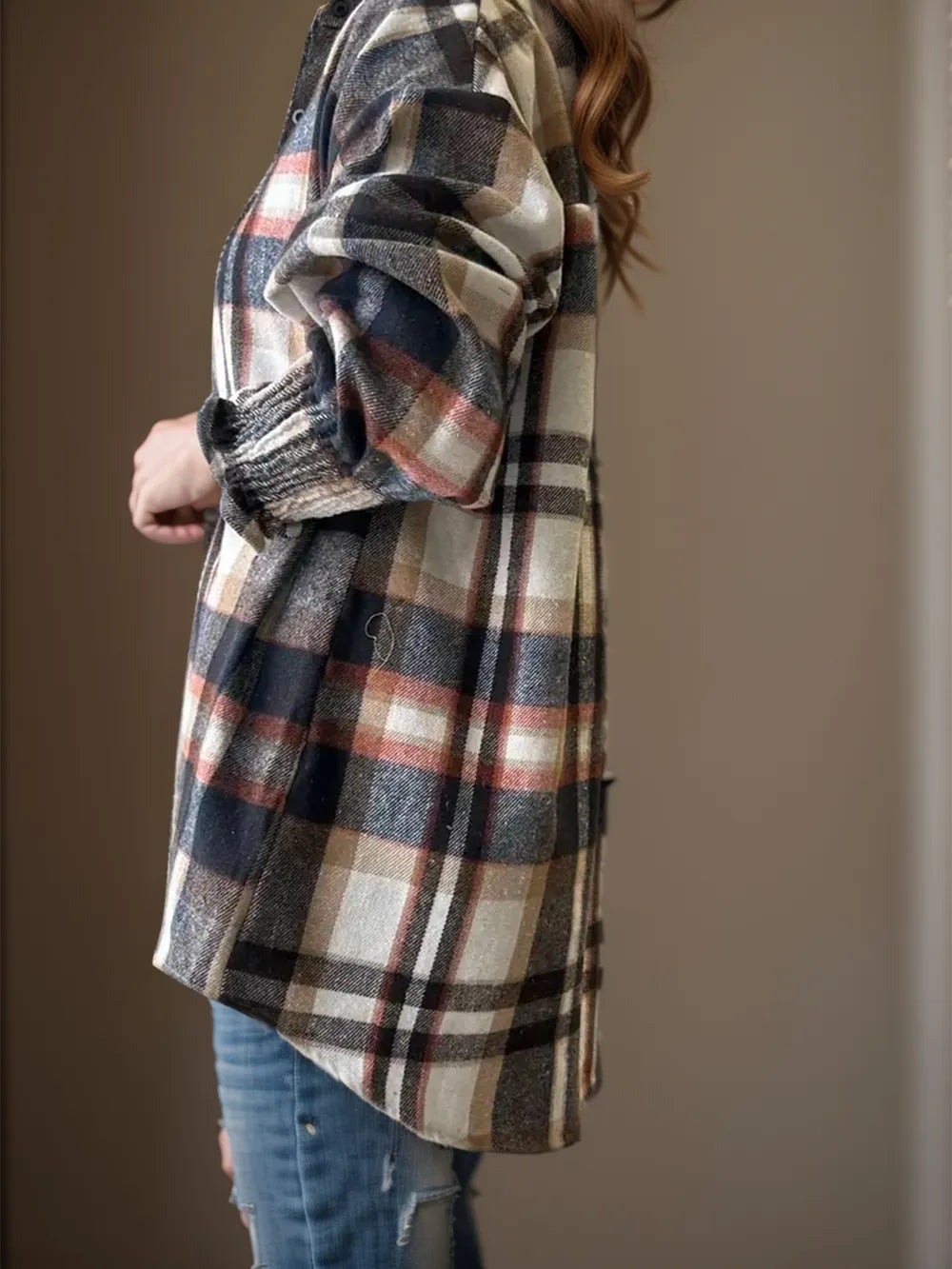 Plaid Button-Up Long Sleeve Shirt for Women - Opaque 100% Polyester, Classic Fit, Trendy Style
