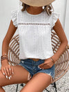 Elegant Eyelet Round Neck Cap Sleeve Top - 95% Polyester, No Stretch, Imported - Store 42