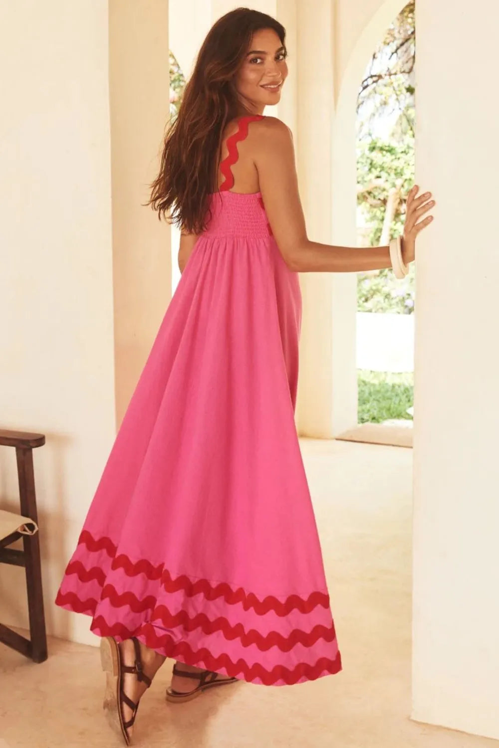 Elegant Contrast Trim Square Neck Wide Strap Dress in 100% Polyester – Opaque and Unlined