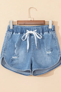 Drawstring High Waist Distressed Denim Shorts