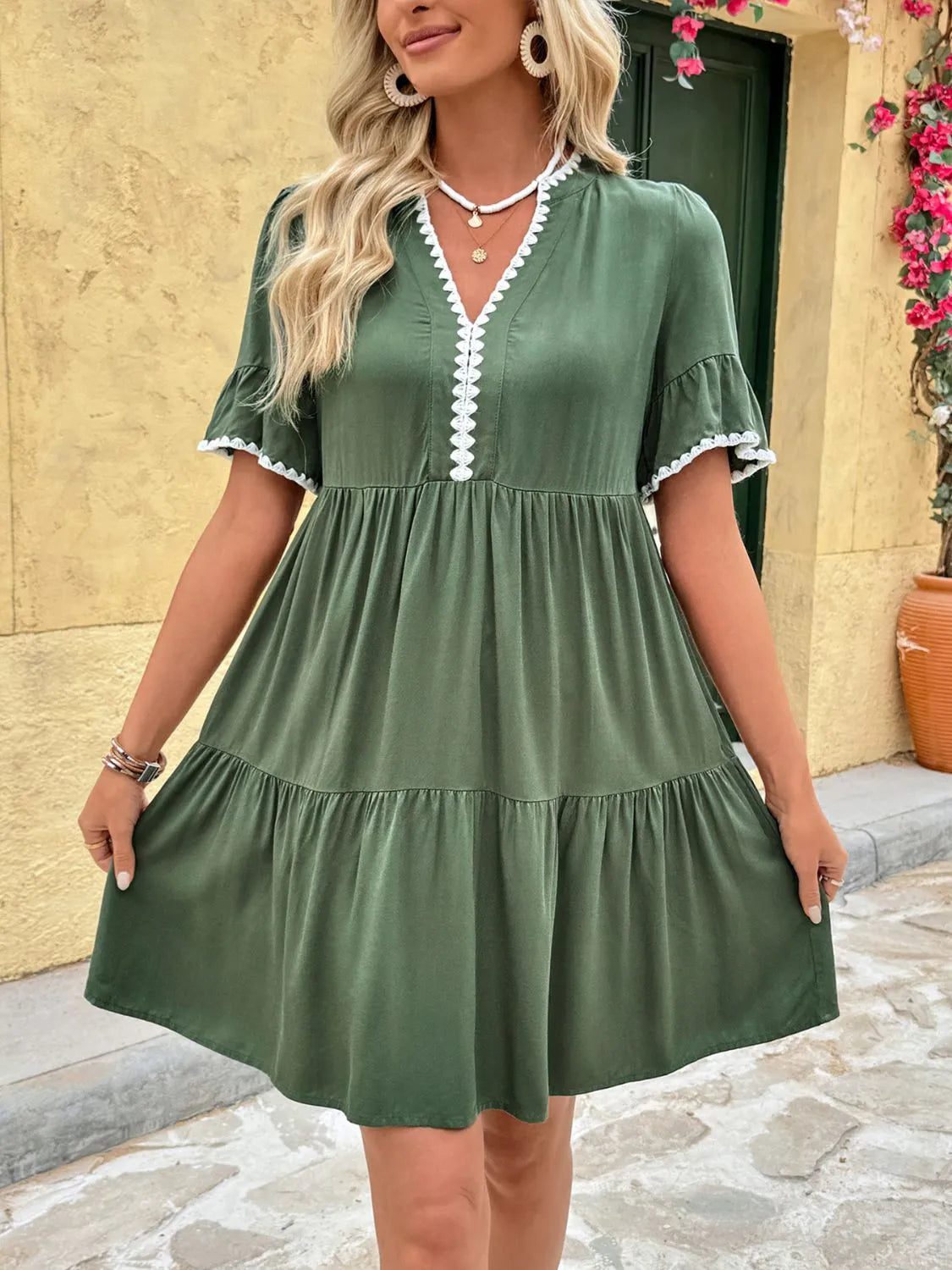 Lace Detail Ruched Mini Dress with Notched Flounce Sleeves - Elegant Viscose Design