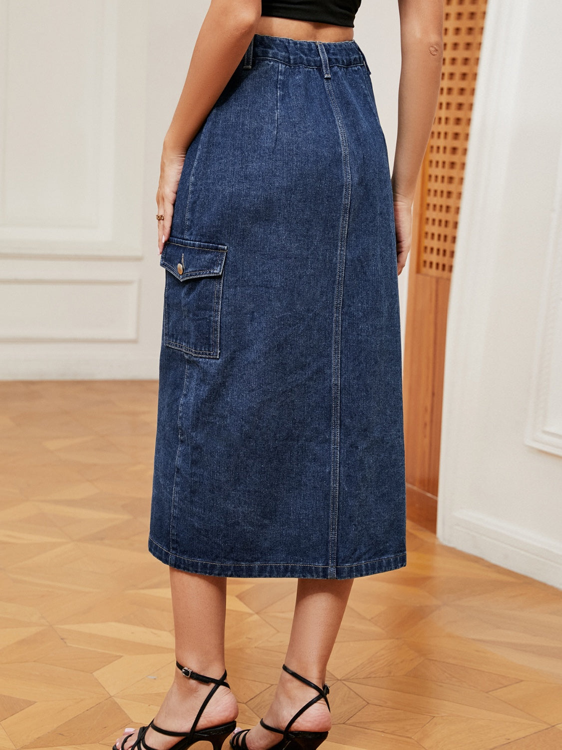 Stylish Button Down Midi Denim Skirt with Pockets - Perfect Casual Fashion for Women