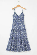 Floral Spaghetti Strap Frilled V Neck Tiered Midi Dress