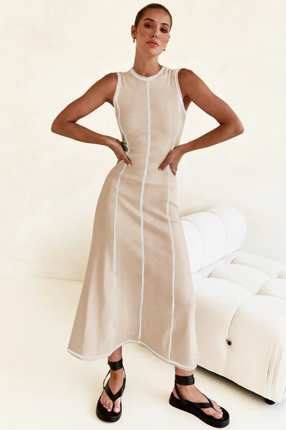 Contrast Stitching Maxi Tank Dress Tan