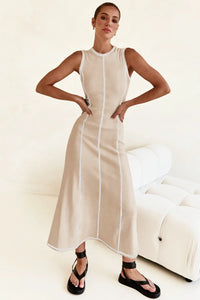 Contrast Stitching Maxi Tank Dress Tan