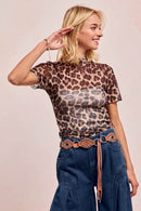 Fitted Leopard Print High Neck Mesh Top With Short Sleeves – Comfortable & Stylish - Store 42