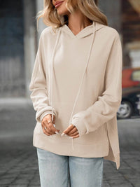 Slightly Stretchy Textured Drawstring Long Sleeve Hoodie with Pocket - Trendy Casual Wear - Store 42