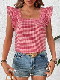 Ruffle Sleeve Gingham Square Neck Top Red