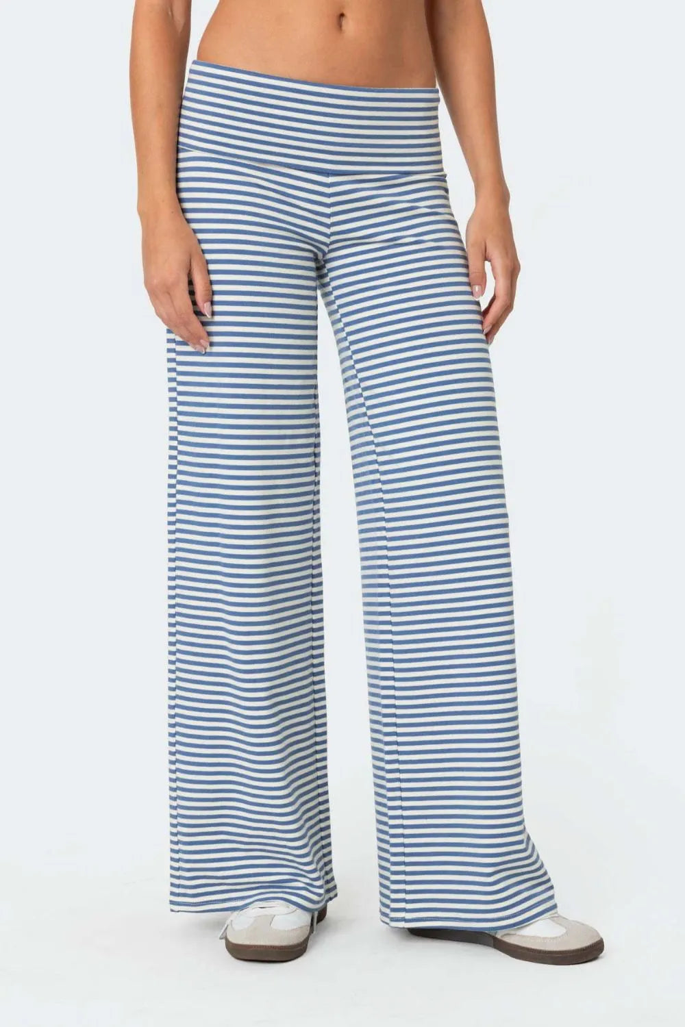 Trendy Striped Wide Leg Pants - Opaque Fabric, 65% Polyester, 35% Cotton, Easy Care